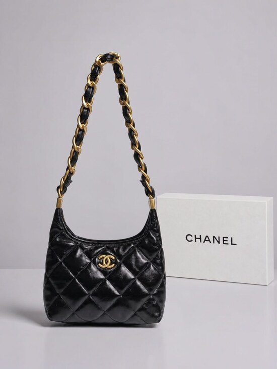 CHANEL Handbags - Chanel Shiny Black Calfskin Quilted Hobo with Gold Tone Hardware